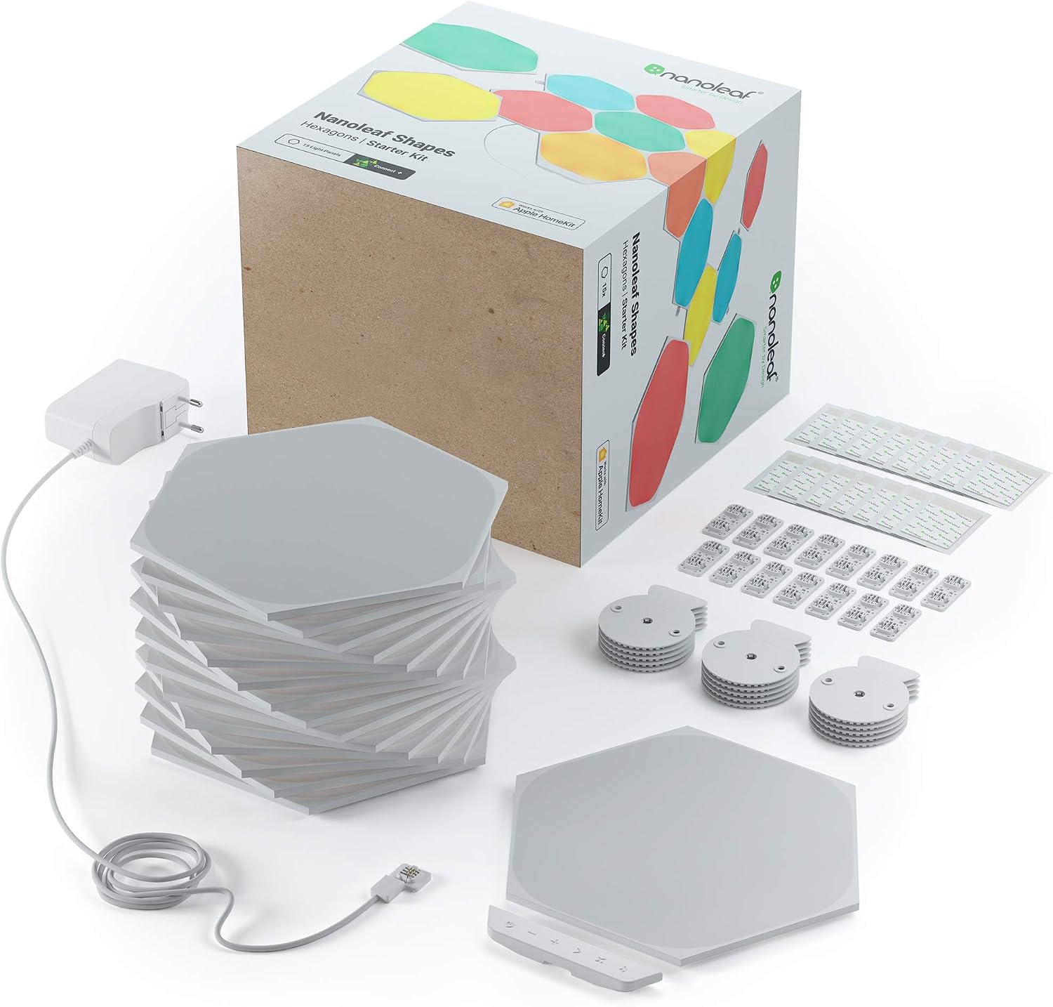 Shapes Hexagon Starter Kit, 15 LED Smart Light Panels - Dimmable & Modular Wi-Fi Wall Mood Lights, Works with Alexa Google Assistant Apple Homekit, for House Room Decor or Desk 15er Starterpack