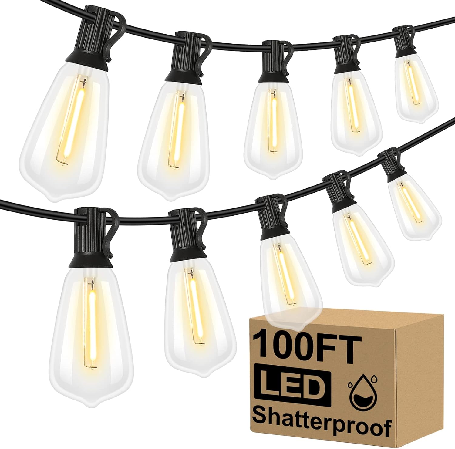 LED Outdoor String Lights 100FT Patio Lights with 52 Shatterproof ST38 Vintage Edison Bulbs, Outside Hanging Light Waterproof for Porch, Deck, Garden, Backyard, Balcony, 2700K Dimmable Black Wire 100FT-Warm White