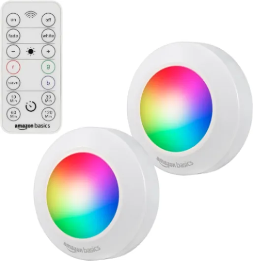 LED Puck Lights, Color Changing, Battery Operated, IR Remote, 40 Lumens, 2 Pack, Wireless Stick on Lights, Under Cabinet Lighting, Ideal for Closets, and More, White Motion Sensor Puck Light with IR Remote
