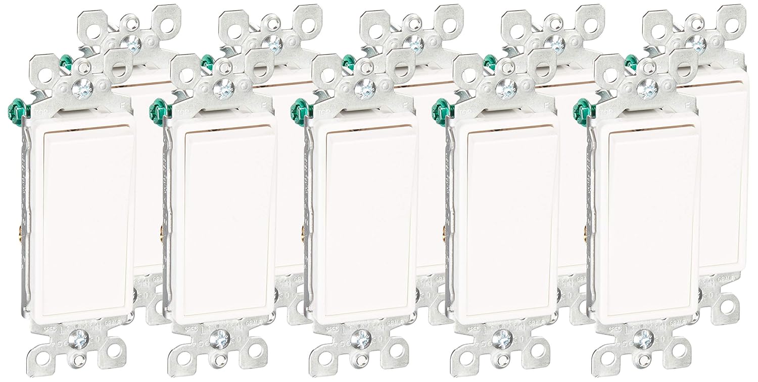 5603-2W 15 Amp, 120/277V, Decora Rocker 3-Way AC Quiet Switch, Residential Grade, Grounding, 10 Pack, White