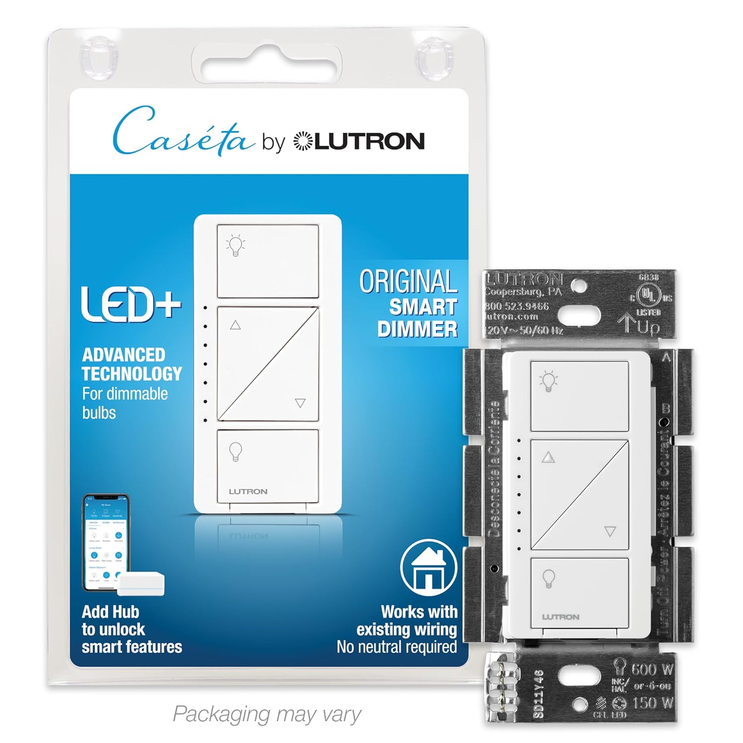 Caseta Original Smart Dimmer Switch (Lutron Smart Hub Required), for LED Lights, 150 Watt, Single-Pole/3-Way, No Neutral Required, PD-6WCL-WH, White White 1 Pack Caseta Dimmer Switch