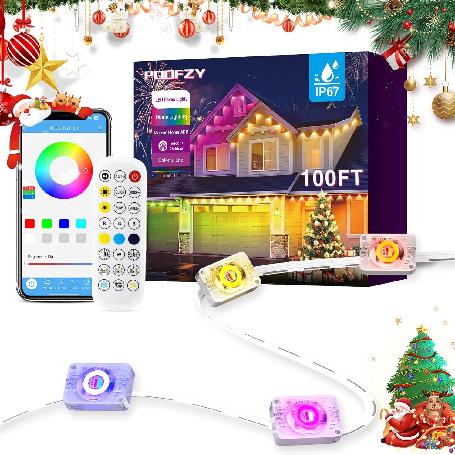 Permanent Outdoor Lights for House,100ft RGB+IC Smart Outdoor Decor, 50 Scene Modes,App/Remote Control,IP67 Waterproof,for Christmas,Halloween,Daily & Holiday Party Decor,House Roof Lighting