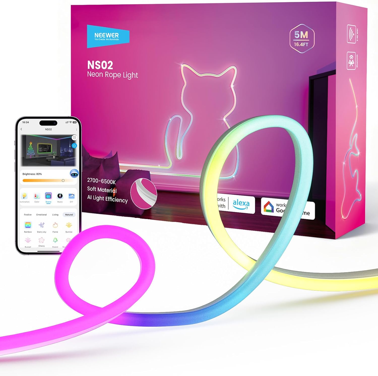 16.4ft/5m LED Strip Lights, Smart AI RGB Flexible Cuttable Neon Rope Light with App Control for Bedroom Gaming Room Indoor Studio Home Classroom Wall Outdoor Outside Waterproof Decor, NS02