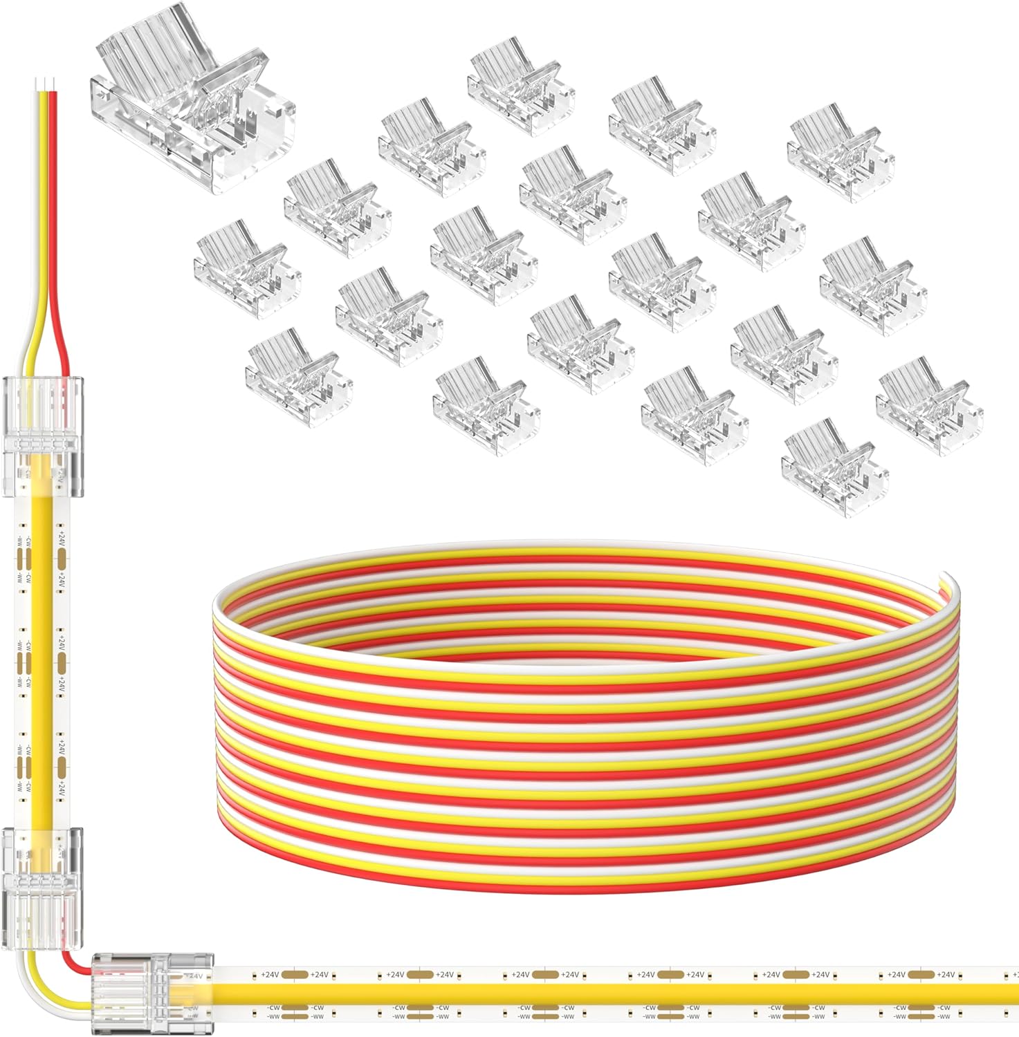 10mm Connectors for 3-Pin CCT COB LED Strip Lights,20pcs Strip to Wire Connectors,10ft(305cm) Long 22AWG Extension 3 Wires for Non-Wired Gapless Solderless,5V 12V 24V LED Strip Lights Jumper 10mm 3-Pin