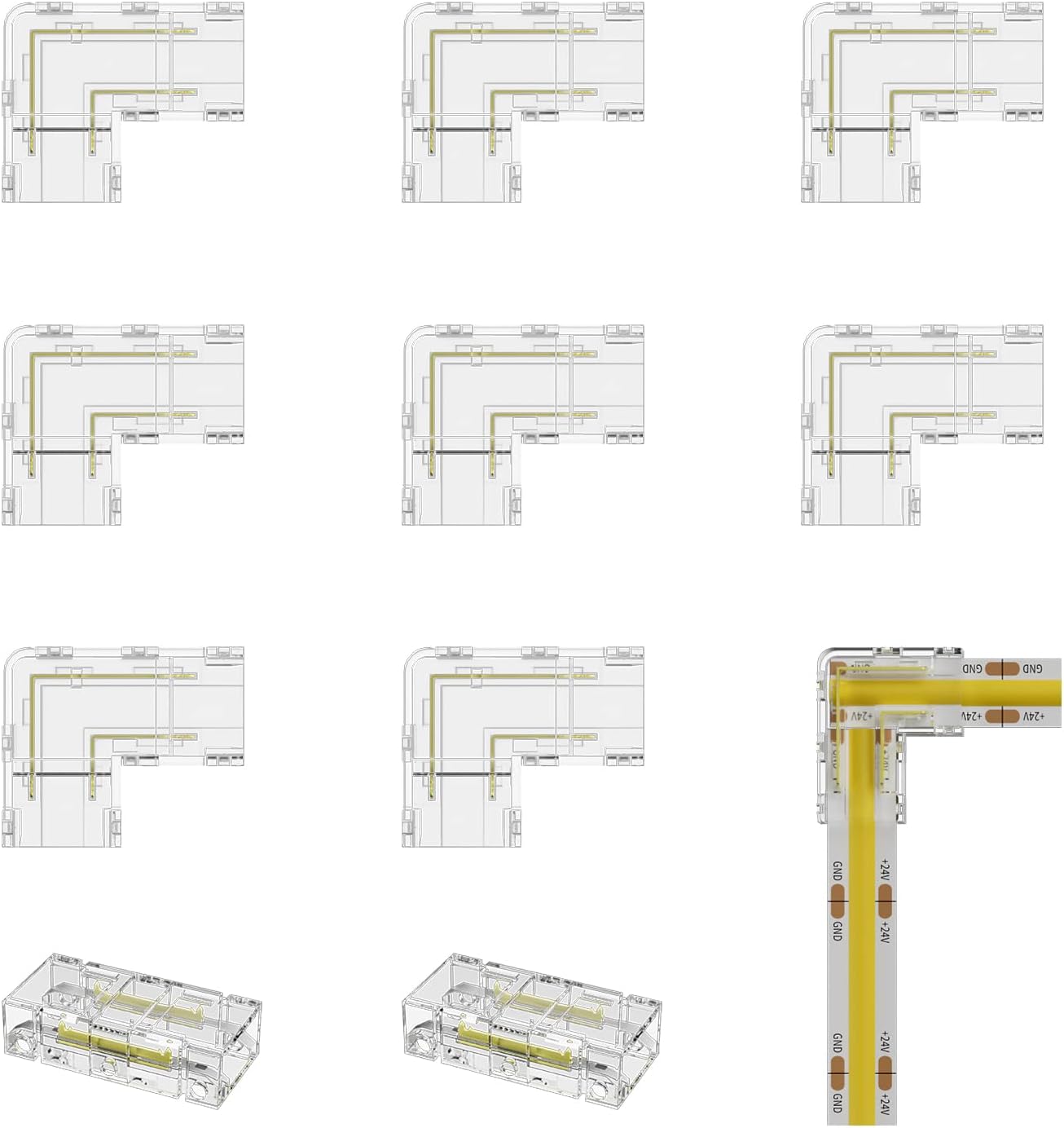 8mm COB Connector 8pcs L-Shaped/Corner Connector,Unwired Clips Solderless Adapter Terminal Extension Connection,2pcs Transparent Gapless Connectors for 2-Pin COB LED Strip Lights,NOT for 10mm 8mm L-shaped Connector