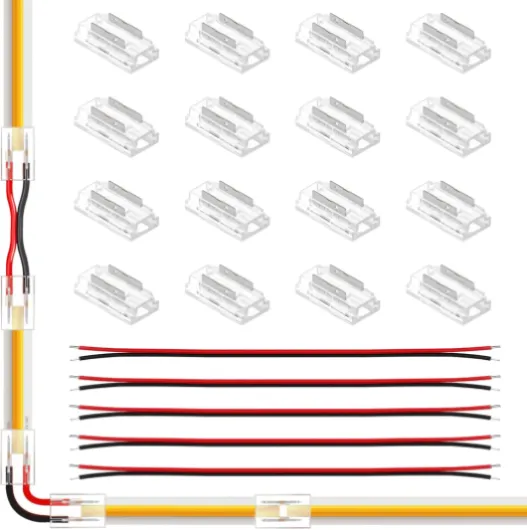 2Pin 5/8mm COB LED Strip Universal Connectors Kit, Incl - 16Pcs X Type 8-in-1 （Straight, Corner, Wire to Strip, Wire to Wire Connection）+10Pcs 22AWG Extension Wires for COB LED Strips