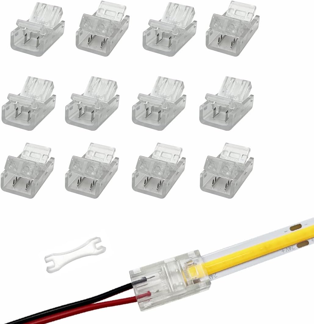 8mm Cob Led Strip Light Connectors 2 Pin,Led Strip to Wire Transparent Clips Solderless Adapter Terminal Extension Connection for White/Warm Led Tape 12V 24V (Total 12pcs) (A)