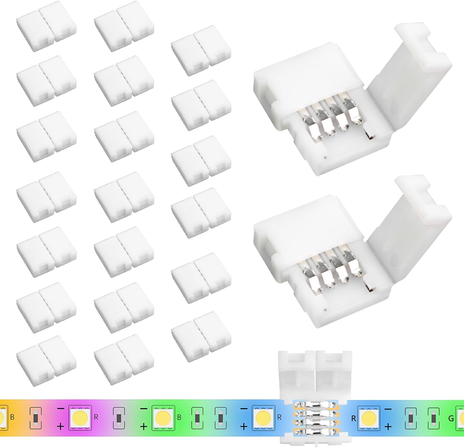 20PCS 4-Pin LED Strip Connectors, 8mm 4 Pin Corner Light Connectors Solderless, Extendable Terminal Adapters for SMD 2835 & 3528 RGB LED Strip Lights, Ideal for Various DIY Lighting Projects 4Pin-8mm