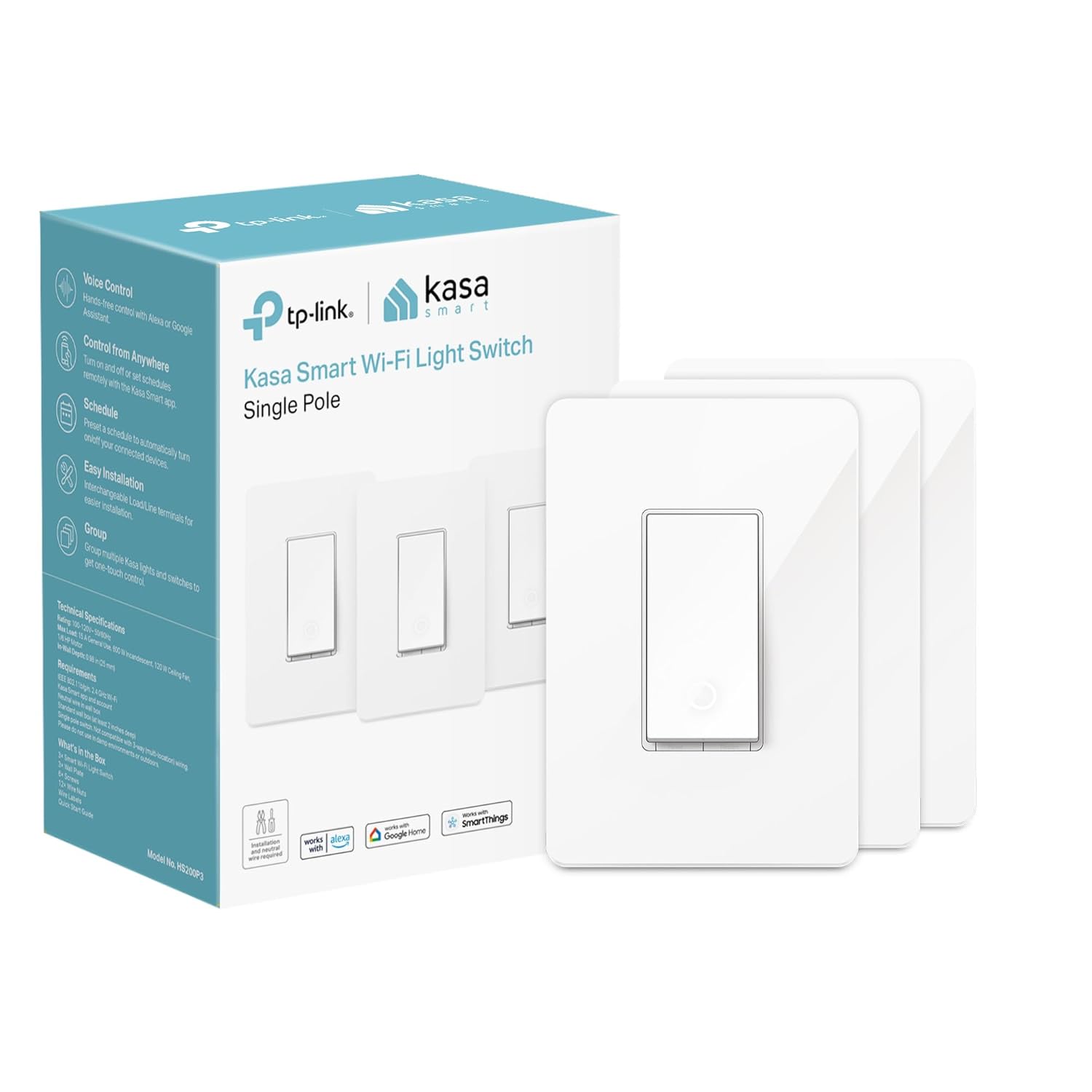 Light Switch HS200P3, Single Pole, Needs Neutral Wire, 2.4GHz Wi-Fi Light Switch Compatible with Alexa and Google Home, UL Certified, No Hub Required, 3 Count -Pack of 1 , White White, Alexa Compatible 3 Pack