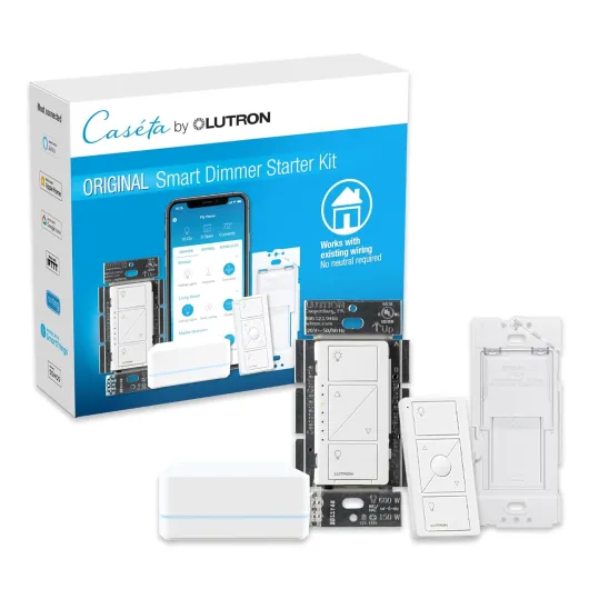 Caseta Original Smart Dimmer Switch Kit w/ Hub, with Pico Remote, Wallmount Bracket, & Smart Hub, Works with Alexa, Apple Home, Google Home, 3 Way, 150W, No Neutral Req, P-BDG-PKG1W-A Original Dimmer Kit w/Hub + Remote