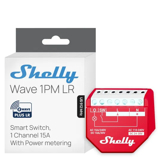 Wave 1PM US LR UL - Z-Wave Long Range Smart Switch Relay, 1-Channel 15 A with Power Metering - Home Automation - High Compatibility - Easy Installation - iOS Android App