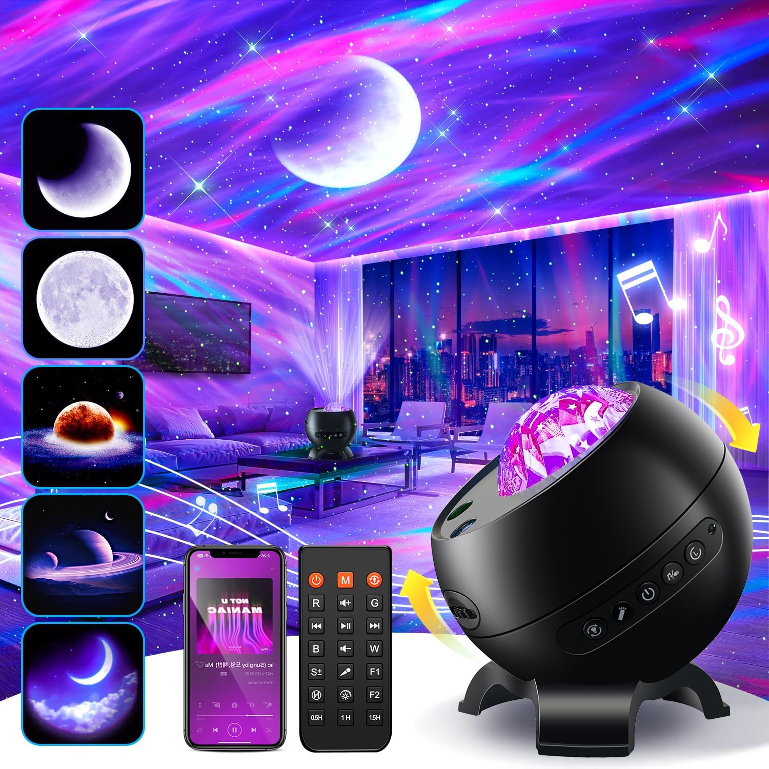 Northern Galaxy Light Projector, 300+Modes & 5 Films Star Projector, 15 White Noise & Bluetooth Northern Lights Projector,Moon Aurora Light Projector, Gifts Star Lights for Ceiling, Bedroom Decor Black