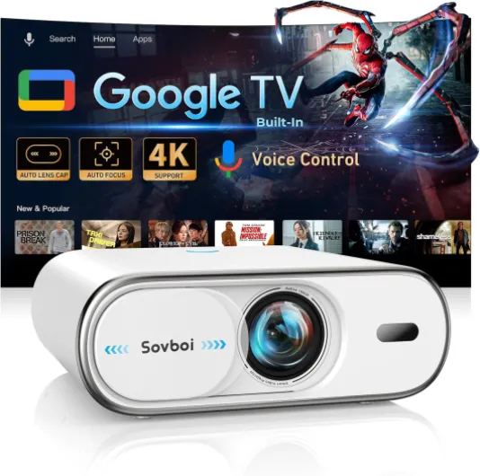 Projector Compatible with Google TV-1800 ANSI-Auto Lens Cap&4D Keystone-Auto Focus-Voice Control Portable Outdoor Projector 4K with WiFi and Bluetooth, Sovboi Smart Proyector for Netflix Home Theater White