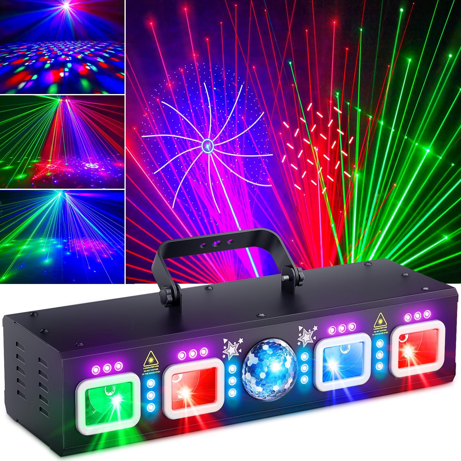 DJ Lights for Parties, Pro 6 in 1 DMX & Sound Activated Laser Light Show Machine with Disco Ball Light, RGBW & UV Strobe Party Lights Indoor for Rave Club Dance Bar Gig DJ Lighting 14.9"L x 5.1"W x 2.9"H