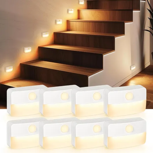 8 Pack Motion Sensor Stair Light for Indoor, Battery Operated Closet Lights, Wireless Stick on Anywhere Hallway Lamp, Portable Led Night Lamps for Bedroom Under Cabinet Kitchen, Always-On Sensor Warm White, Battery Operated 8 Pack