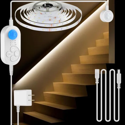 Dual Motion Sensor Light Indoor - Plug-in Adjustable LED Step Stair Light Strip with Double Sensor Detection, Timer & Dimmer for Staircase, Hallway, Bedroom (16.4FT 3000K Warm White) Power Adapter + 16.4FT DC Cable Warm White 3000K (16.4FT Light Strip)