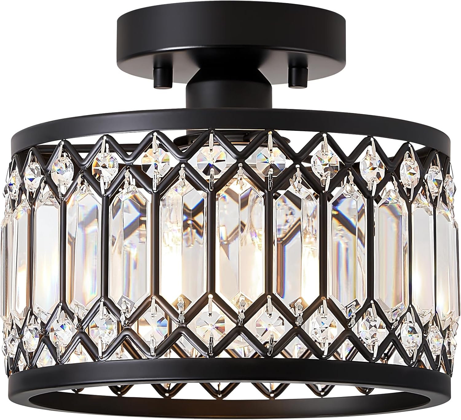 Crystal Black Ceiling Light, Modern Semi Flush Mount Ceiling Lighting Fixture, Round Hallway Lighting Fixtures for Kitchen Entryway Bedroom Laundry Room, 1-Light, 9 Inch 9in Black