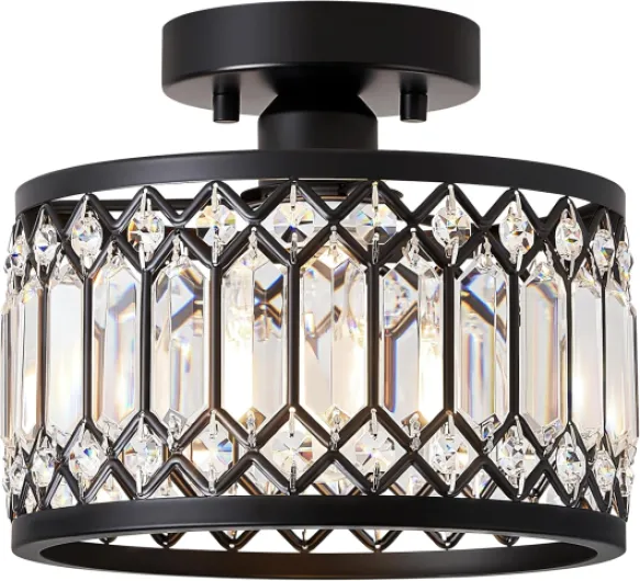 Crystal Black Ceiling Light, Modern Semi Flush Mount Ceiling Lighting Fixture, Round Hallway Lighting Fixtures for Kitchen Entryway Bedroom Laundry Room, 1-Light, 9 Inch 9in Black