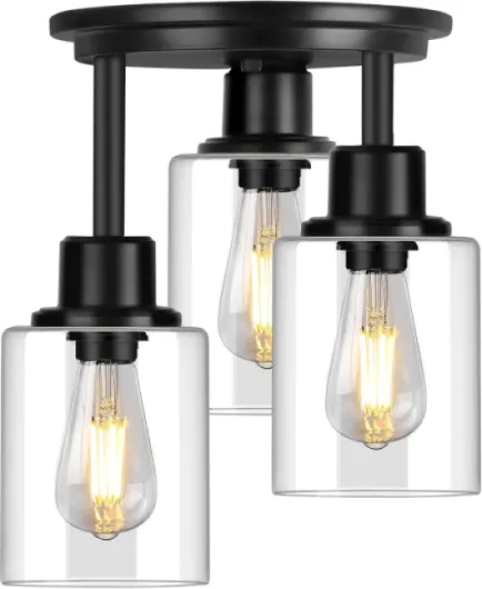 Semi Flush Mount Ceiling Light, 3-Light Close to Ceiling Light Fixtures, Matte Black Kitchen Light Fixtures with Clear Glass Shades, Hallway Light Fixtures Ceiling Mount for Foyer Entryway