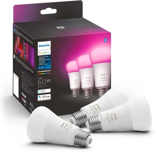 A19 LED Smart Light Bulb - White and Color Ambiance - 60W Indoor Light Bulb - Control with Hue App - Works with Alexa, Google Assistant and Apple Homekit - 3 Pack Original 3 Pack