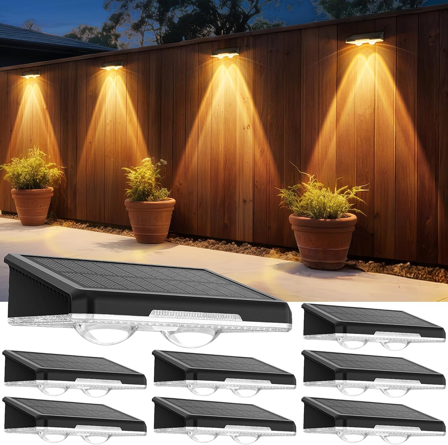 Solar Fence Lights Outdoor 8 Pack - 3 Modes (Warm/Neutral/Cool White), Fence Lights Solar Powered for Outside, IP65 Waterproof, Deck Lighting for Wall, Step, Patio, Pathway, Stairs 8 Pack 3000K/4500K/6500K