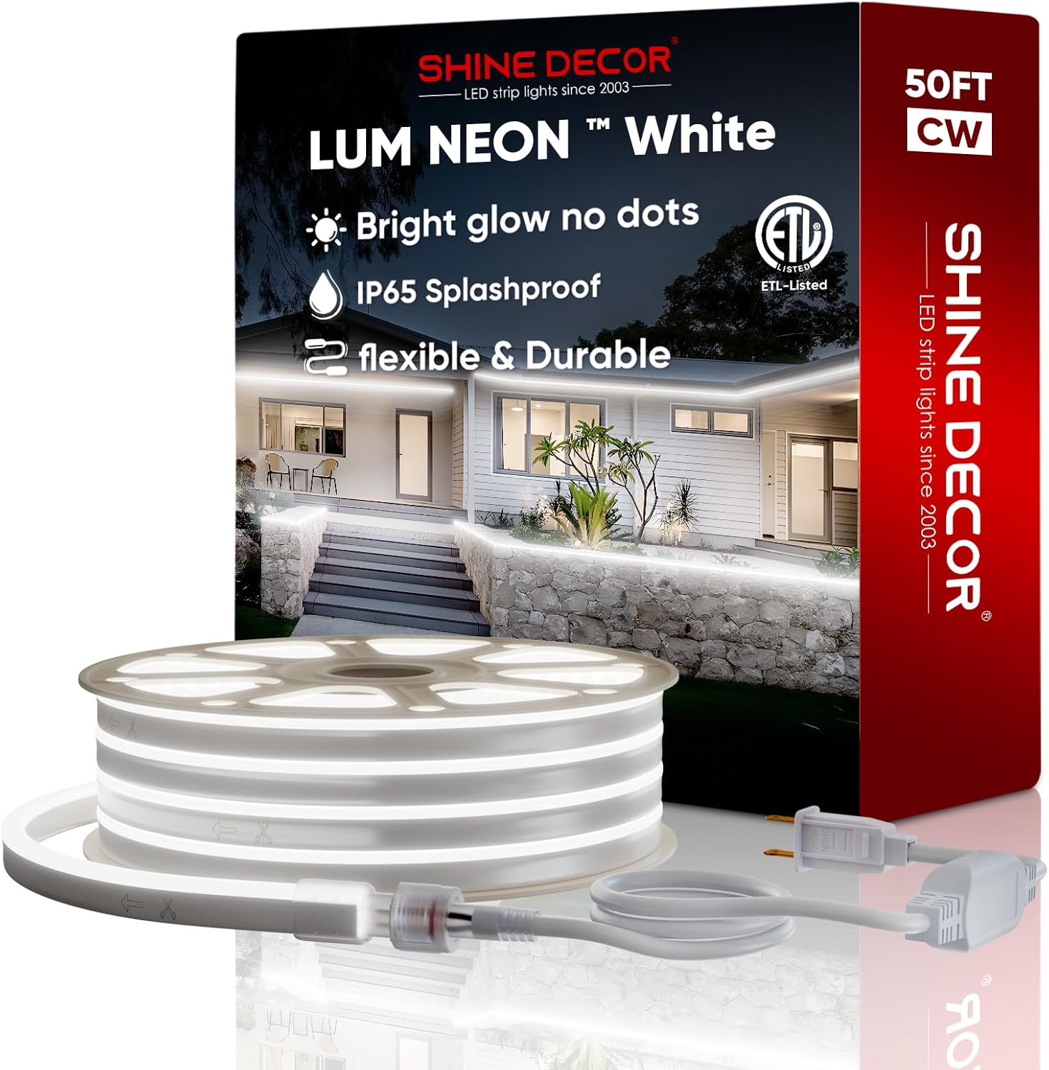 50FT/15M LED Neon Rope Lights, Cool White AC 110V-120V Neon LED Strip Lights, Flexible Waterproof SMD2835 120LEDs/M Indoor Outdoor Ropes Lights, Bright Ambient Lighting Decoration 6300K White 15M/50FT