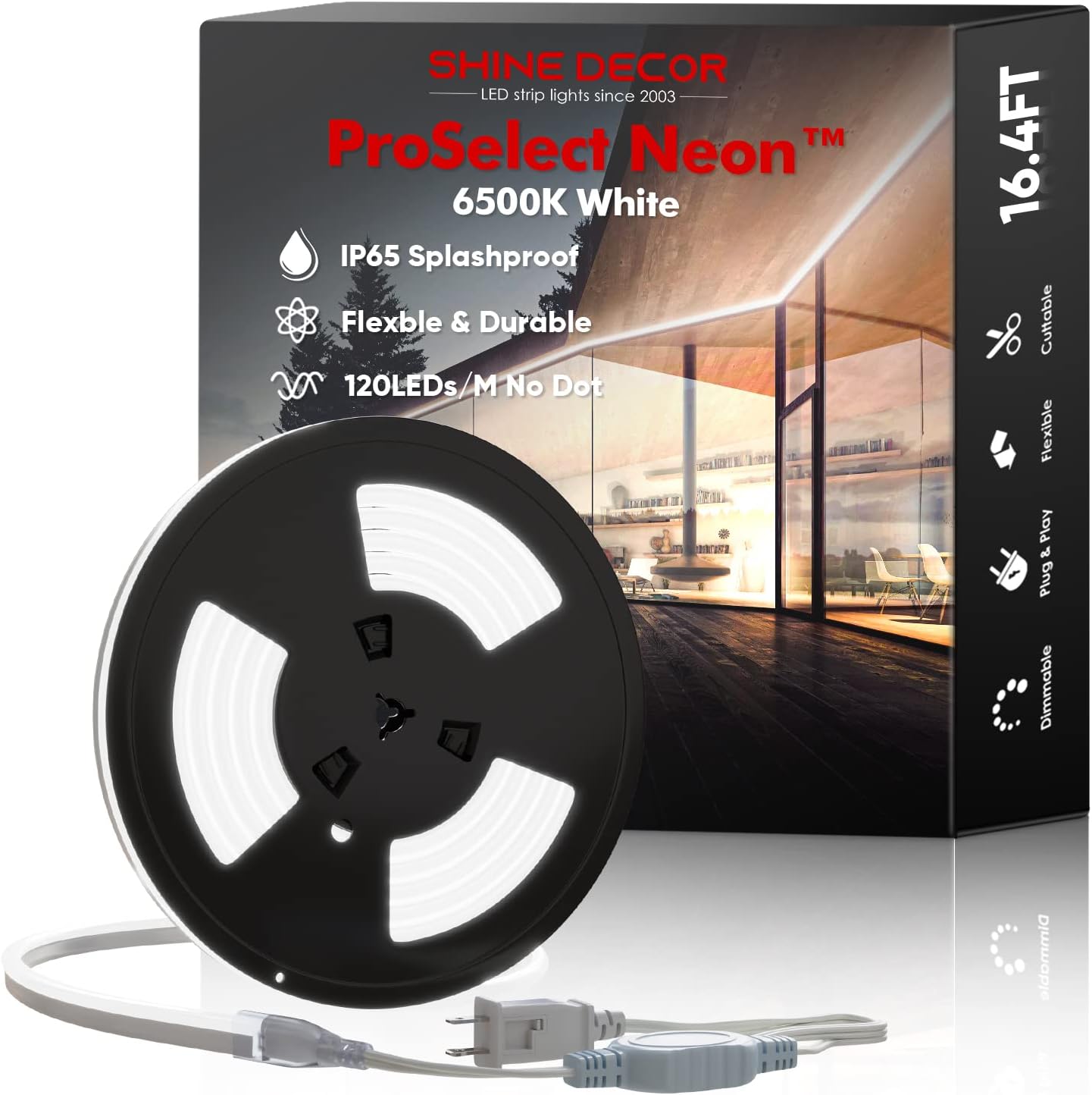 LED Neon Rope Lights AC 120V, ETL-Listed Flexible 120LEDs/M Dotless Strip Lighting, Custom Cuttable & IP65 Waterproof for Indoor Outdoor, 7x14.5mm, 6500K Cool White, 16.4FT Cool White 16.4FT/5M