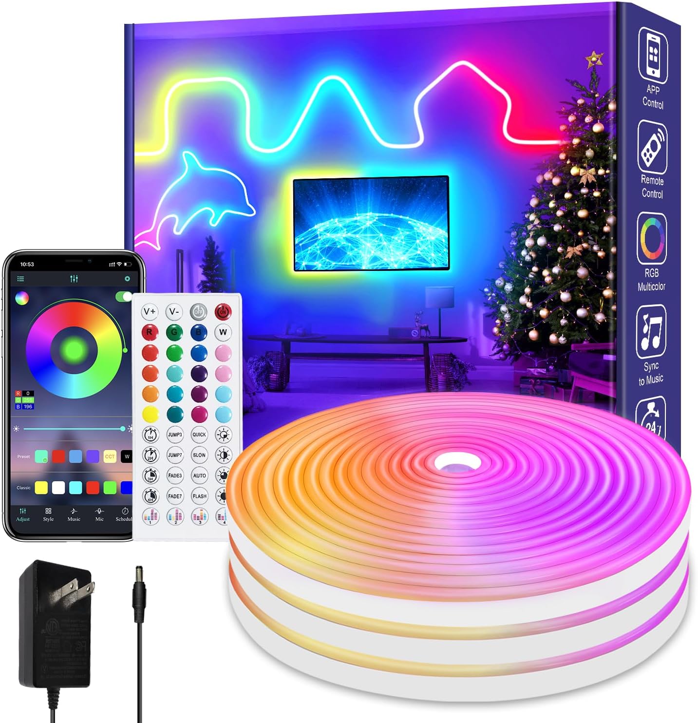 50Ft Led neon Rope Lights Music Sync IP65 Waterproof Flexible Led Rope Lights 40Key Remote/APP Control,Outdoor RGB Neon Lights, DIY Wall Decor Led Neon Strip Lights for Bedroom Indoor.