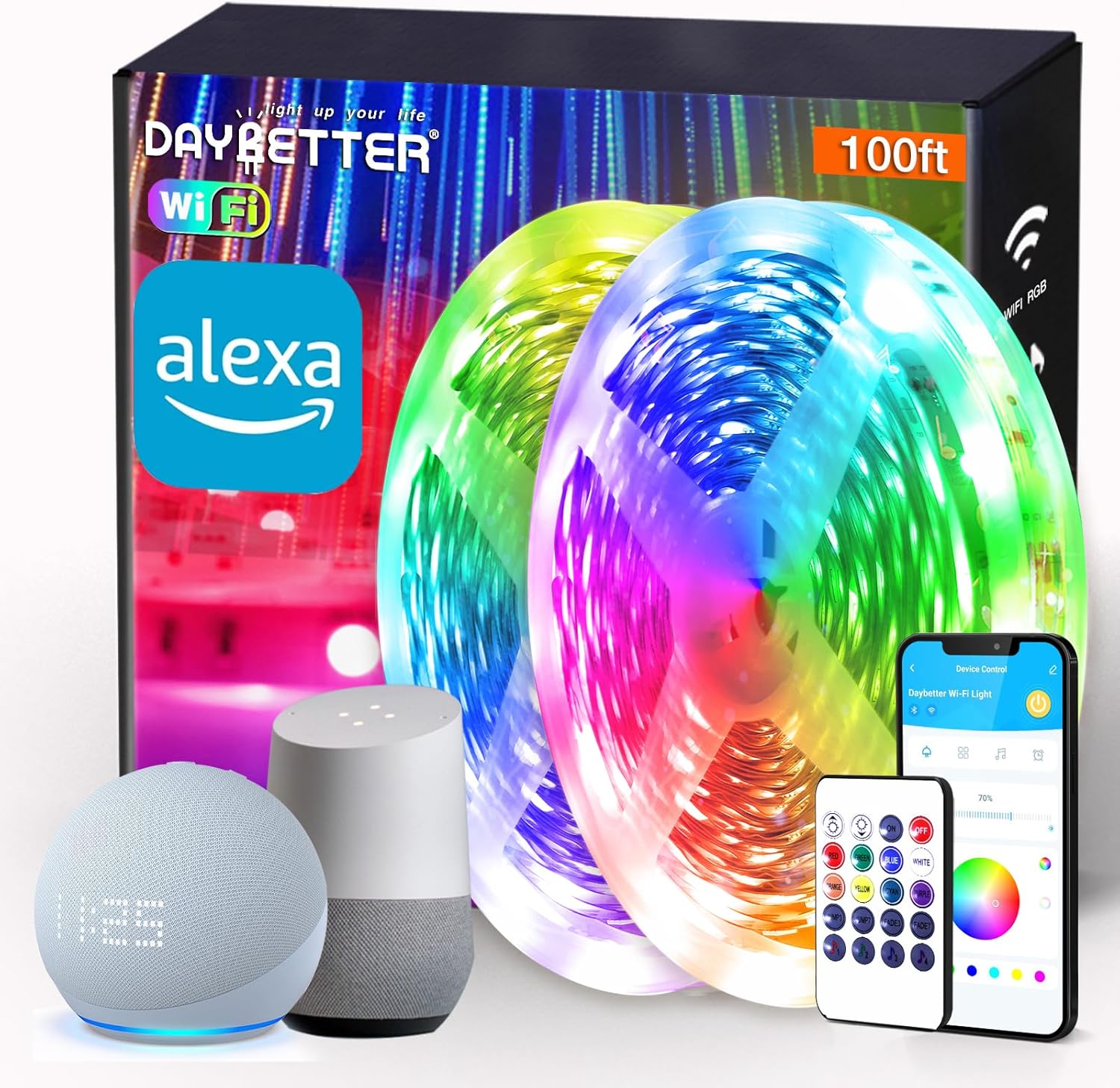 Smart WiFi Led Lights 100ft - Led Strip Lights Work with Alexa and Google Assistant RGB Strip Lighting Music Sync Color Changing with App Voice Remote Control for Room Bedroom Decor 50ft*2