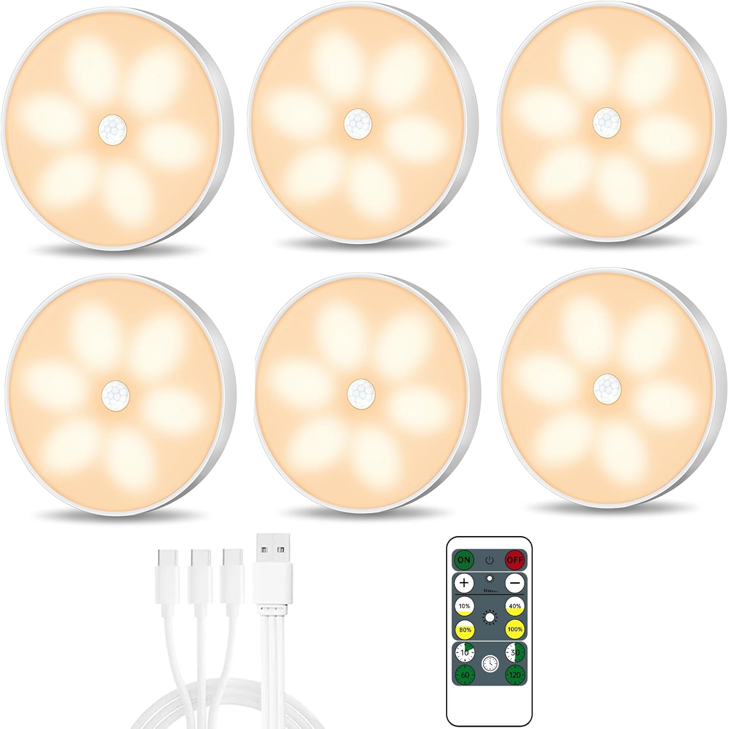 Warm Color LED Closet Lights Motion Sensor Puck Light, USB Rechargeable Battery Operated Puck Step Lights, Dimmable Under Cabinet Lighting for Counter Wardrobe Kitchen (6 Pack) Warm White 6 Pack