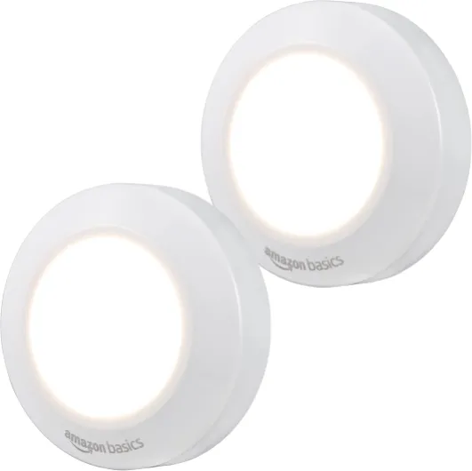 LED Puck Lights, Battery Operated, 50 Lumens 2 Pack, Tap Light, Stick on Lights, Under Cabinet Lighting, Ideal for Kitchen Cabinets, Closets, Garage and More, White