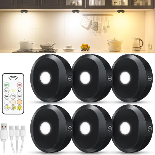 Under Cabinet Lighting Wireless,Rechargeable Puck Lights with Remote Control,Battery Tap Light Stick On,3 Colors and Timer Function LED Lights for Kitchen,Cabinet,Counter,Closet,Shelf,6 Pack 6 Pack 3000K/4500K/6000K
