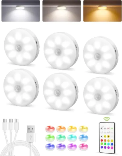 6-Pack Under Cabinet Lighting, Rechargeable Motion Sensor Puck Lights with Remote, 3 Color Temps &12 RGB Colors, Magnetic Stick on Light, Dimmable Under Counter Lights for Kitchen, Shelf, Stair White 6packs