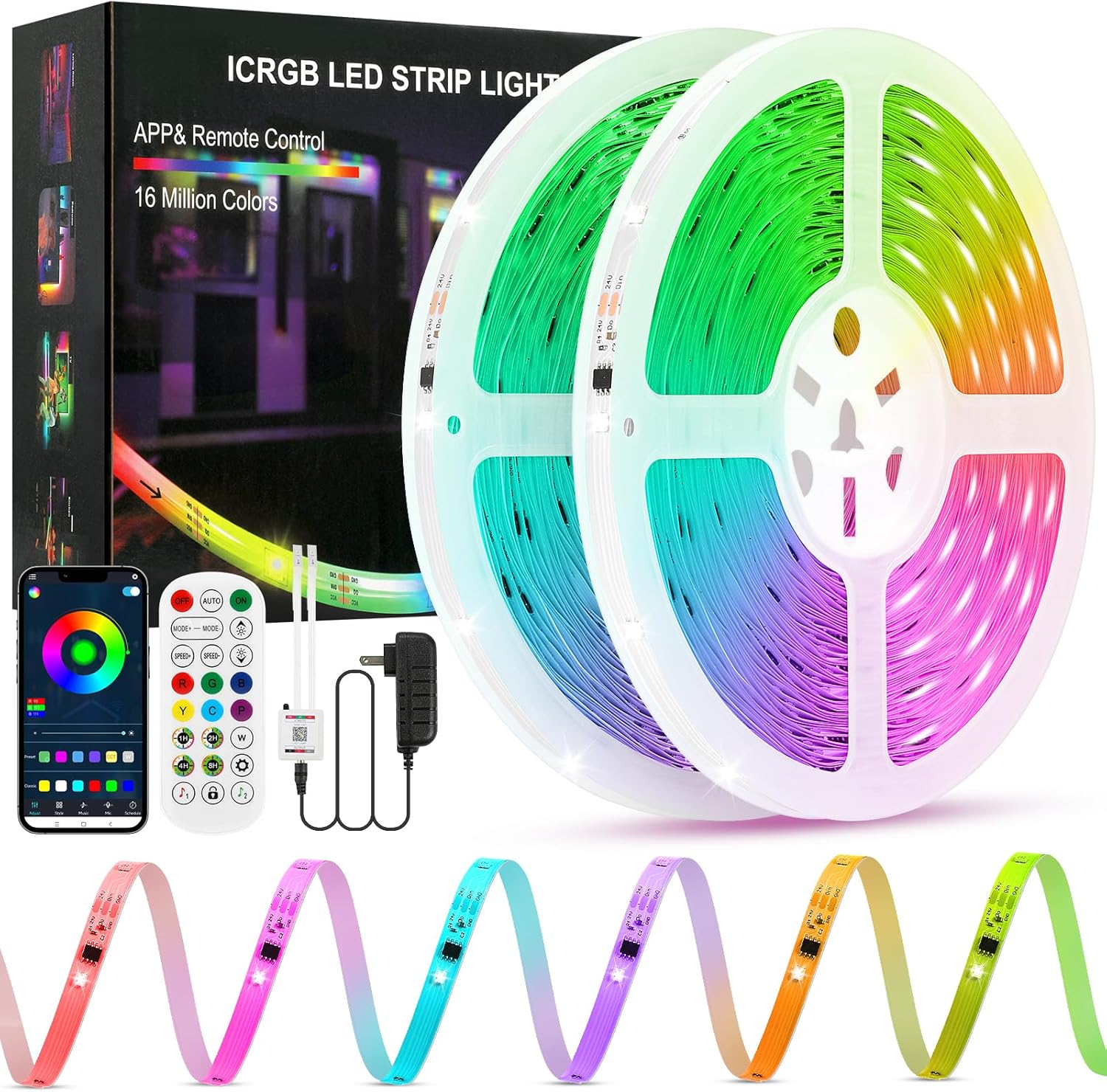 Led Lights for Bedroom, IC+RGB 65.6FT Strip Lights, 24Key Remote with App Control, Music Sync Color Changing for Room Decor Party