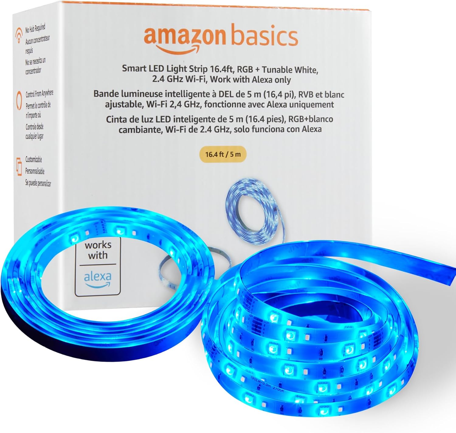 Smart LED Light Strip, 16.4 Feet, RGB + Tunable White, Works with Alexa Only, 2.4 GHz Wi-Fi, No Hub Required