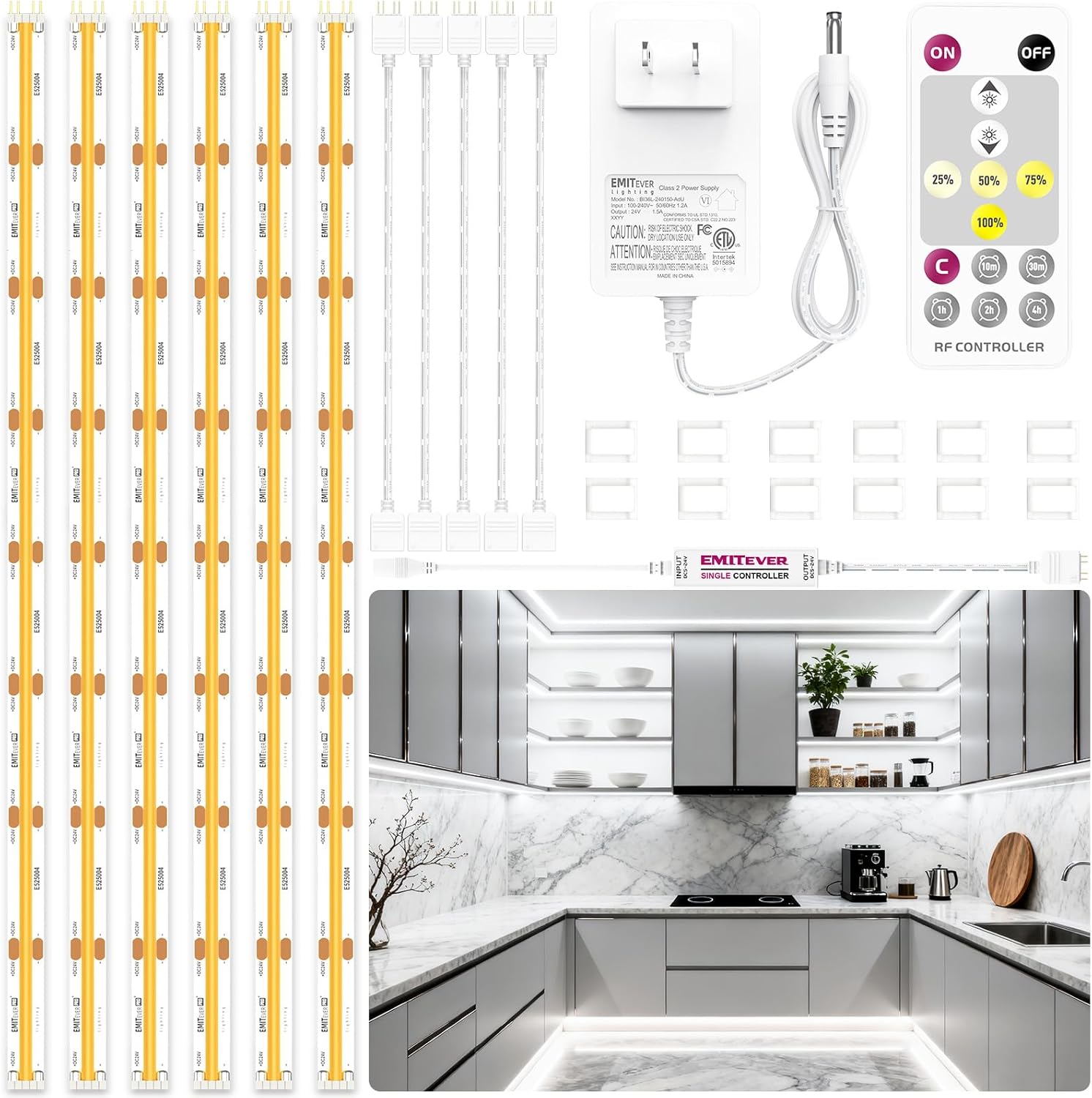 Under Cabinet Lighting kit, 6 PCS COB LED Strip Lights 5000K Natural White, UL Listed Dimmable Led Lights Strip for Kitchen Cabinet, Counter, Shelf, with Remote & Adapter, Timing, 9.8ft 9.8FT 5000k - White