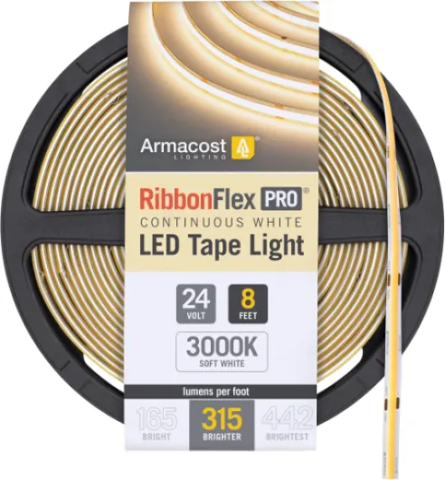 RibbonFlex Pro 24V White COB LED Strip Light Tape 3000K, 315 Lumens/Ft, 2.5M 172210 8.2 ft Soft White 3000K
