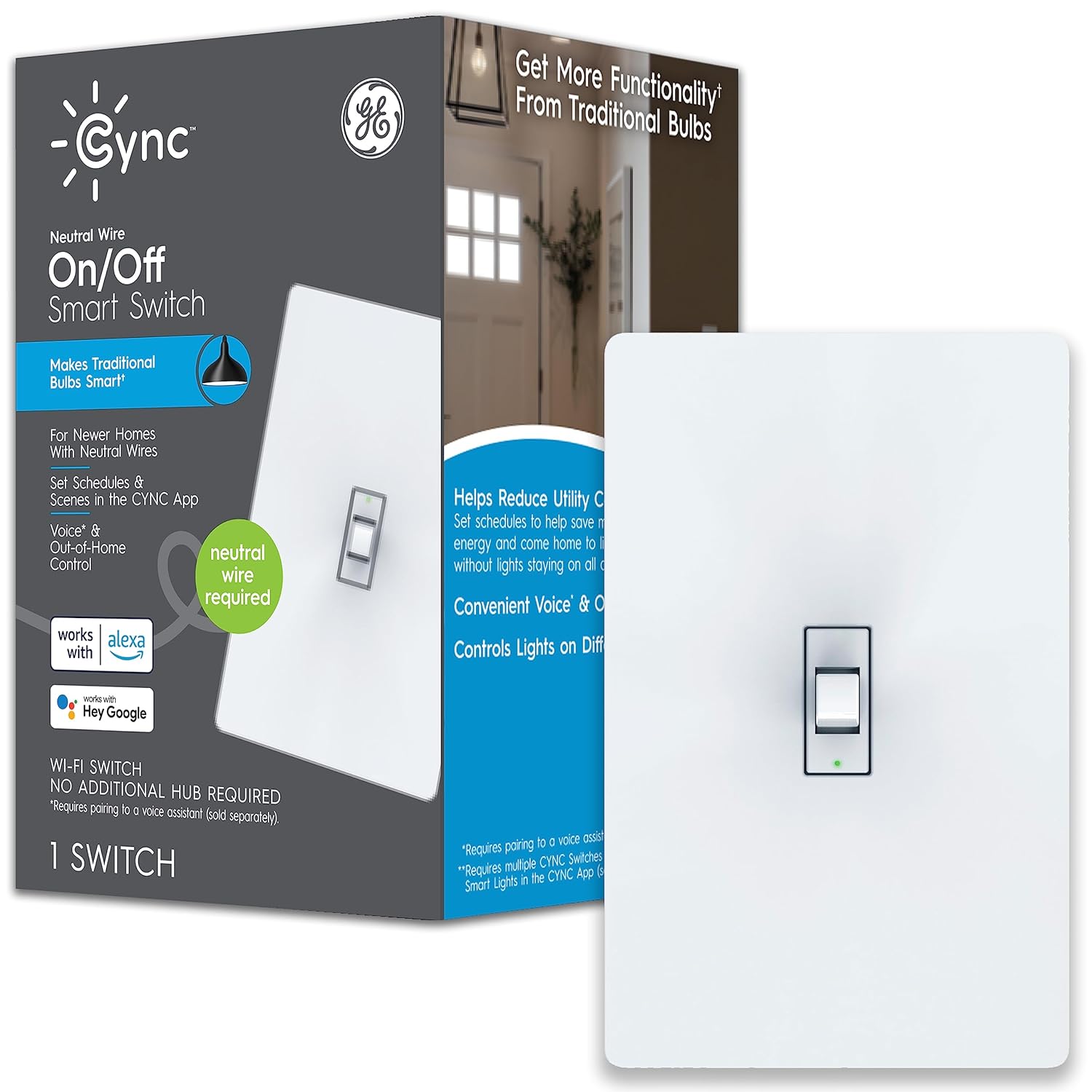 GE CYNC Smart Light Switch, Toggle Style, Neutral Wire Required, Bluetooth and 2.4 GHz 4-Wire Wi-Fi Switch, Works with Alexa and Google (1 Pack), White Toggle Neutral Wire Required