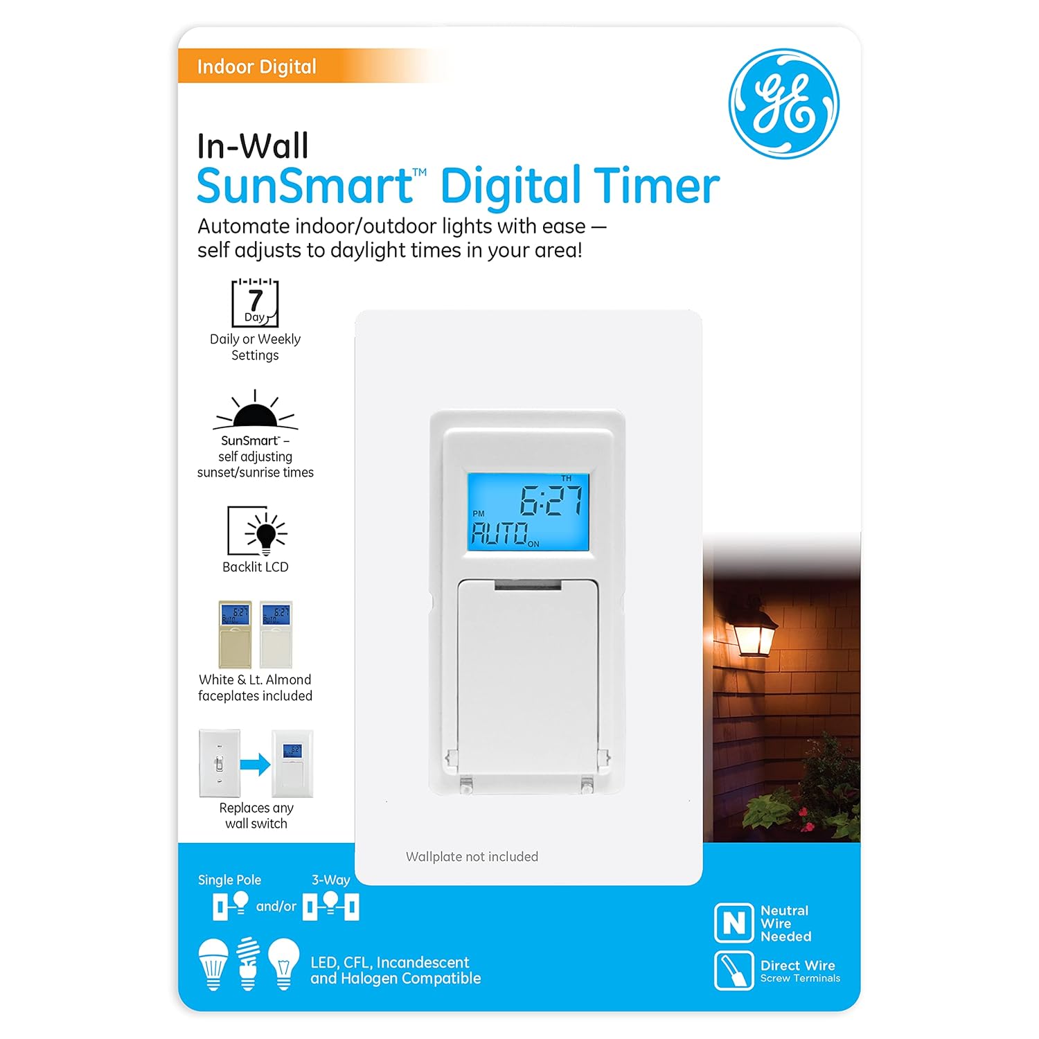 SunSmart Digital in-Wall Timer, Daily ON/Off Times, Programmable Settings, Sunset/Sunrise Presets, Vacation Security, White & Almond, Lights, Fans, Heaters, Switch, Light Switch, 32787