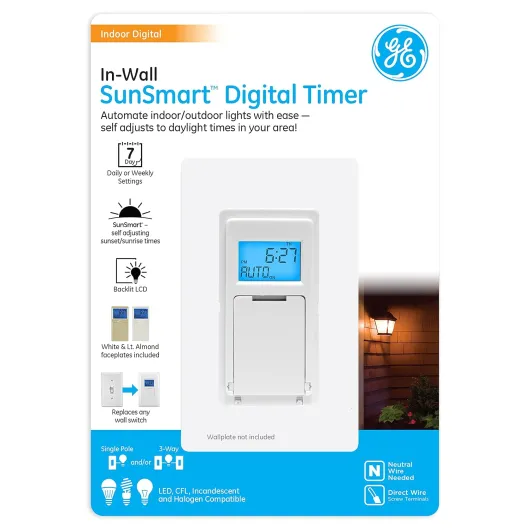 SunSmart Digital in-Wall Timer, Daily ON/Off Times, Programmable Settings, Sunset/Sunrise Presets, Vacation Security, White & Almond, Lights, Fans, Heaters, Switch, Light Switch, 32787