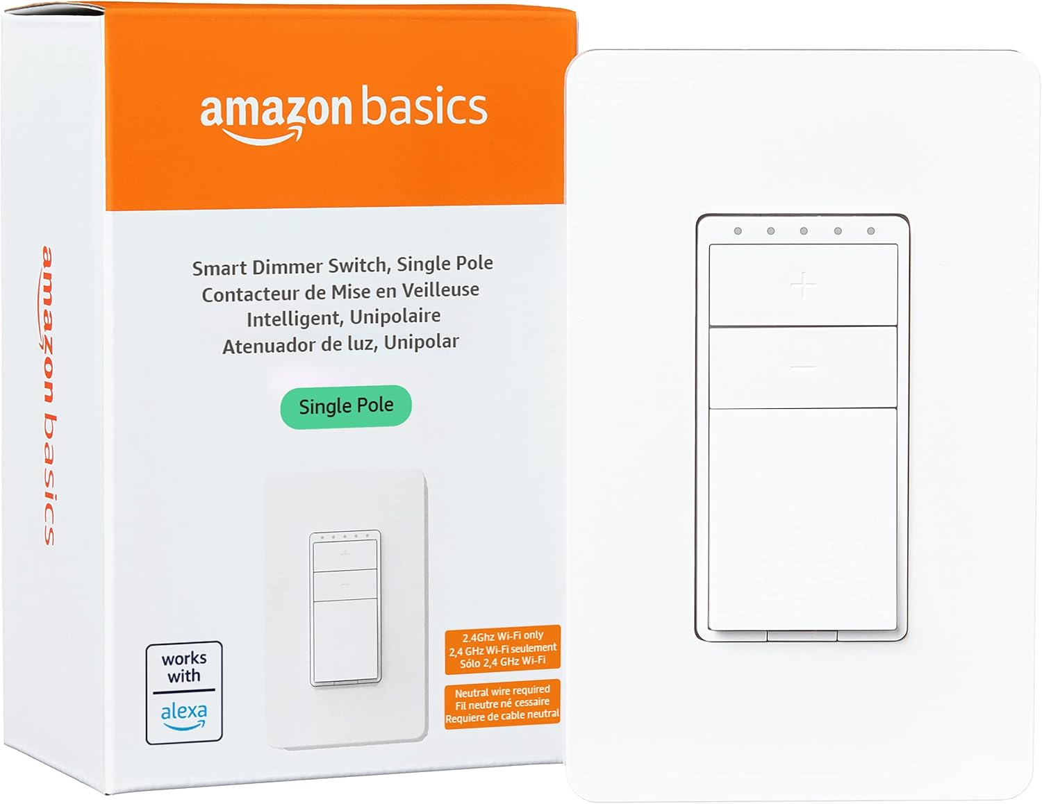 Smart Dimmer Switch, Single Pole, Works with Alexa Only, 2.4 GHz Wi-Fi, No Hub Required, White Single Pole Dimmer