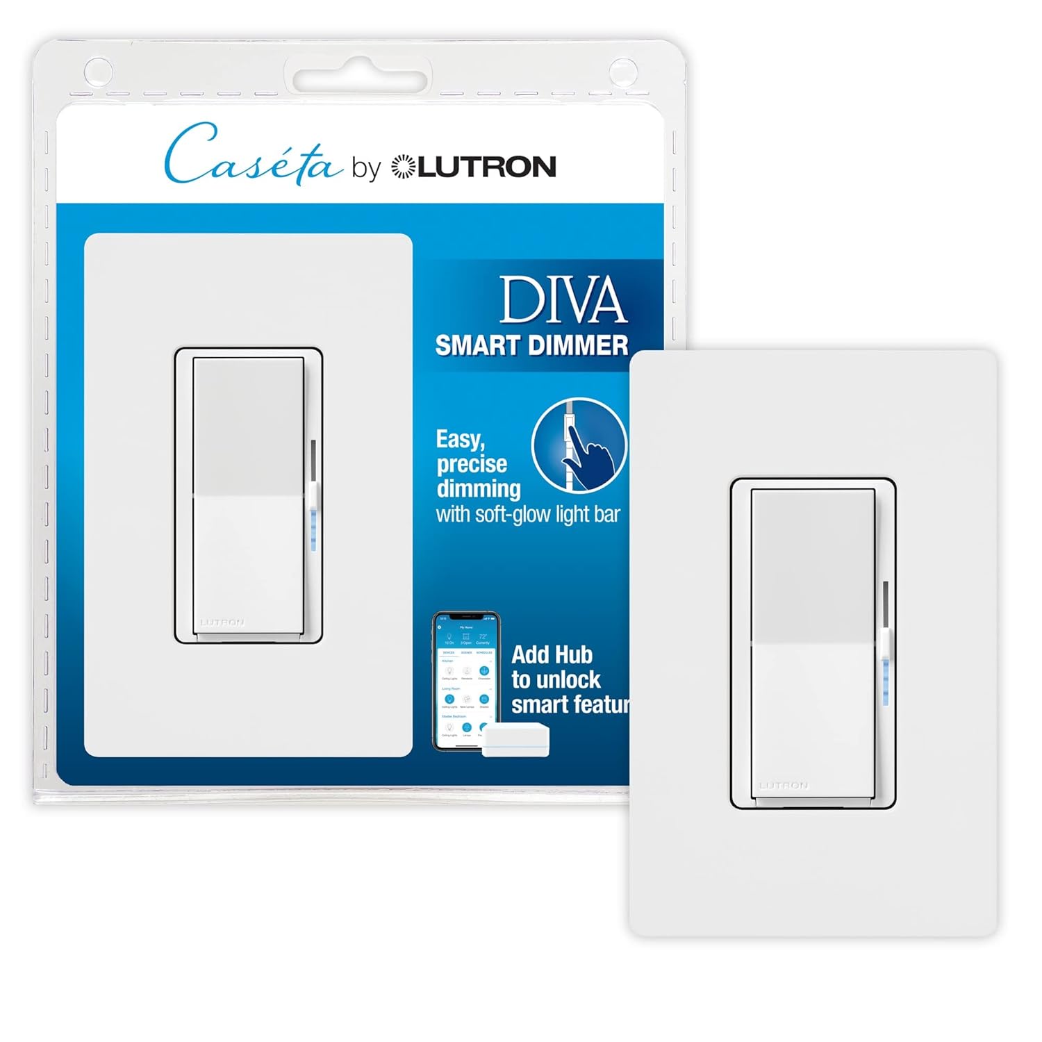 Diva Smart Dimmer Light Switch with Wallplate for Caseta Lighting (Lutron Smart Hub Required), for LED Lights, 150W, Single-Pole/3-Way, No Neutral, White (DVRFW-6L-WH-A) White 1 Pack Diva Smart Dimmer Switch w/Wallplate