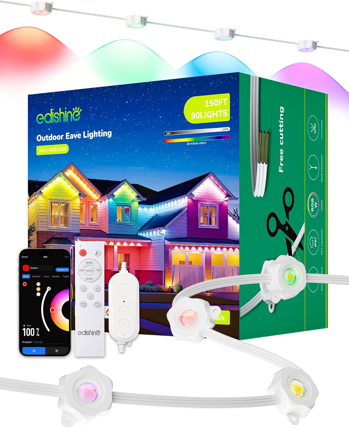 150FT Cuttable Permanent Outdoor Lights PRO, 90 LED Smart RGB+IC+Warm White Eave Light, 111+ Scene Modes, App/Remote Contrtol, IP67 Waterproof for House Year-Round Decor, Alexa Google Enable 150FT 90LED Flower
