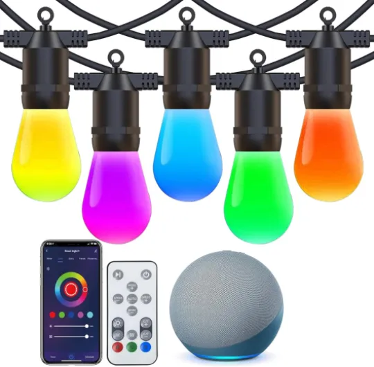 Smart Outdoor String Lights for Patio & Backyard - LED Color Changing Dimmable Bulbs - Waterproof & Shatterproof Design - Remote & App Control - Alexa Compatible - 15 Bulbs - 50ft - Pack of 2