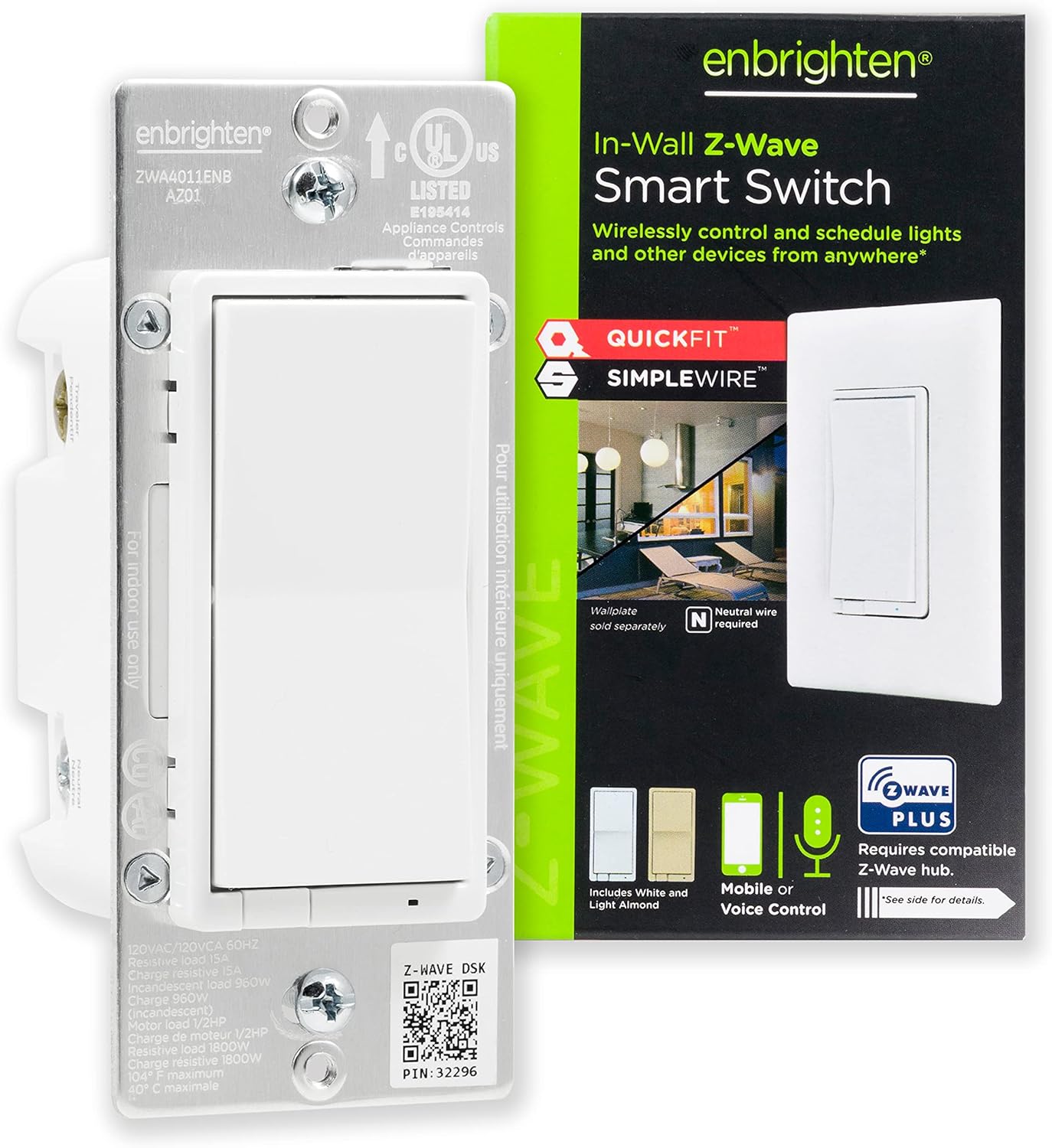 Z-Wave In-Wall Smart Light Switch with QuickFit and SimpleWire, Works with Google Assistant, Alexa, & SmartThings, Z-Wave Hub Required, Smart Home, 700 Series, 58433 Switch 700 Series