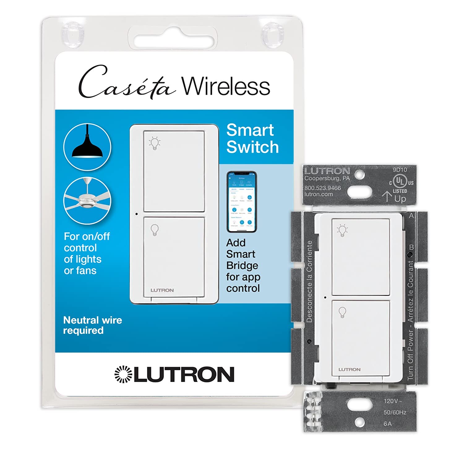 Caseta Original Smart Light Switch (Lutron Smart Hub Required), for Home, LED Lights, and Fans, 6 Amp, Single-Pole/3-Way, Neutral Required, PD-6ANS-WH, White White 1 Pack Smart Switch