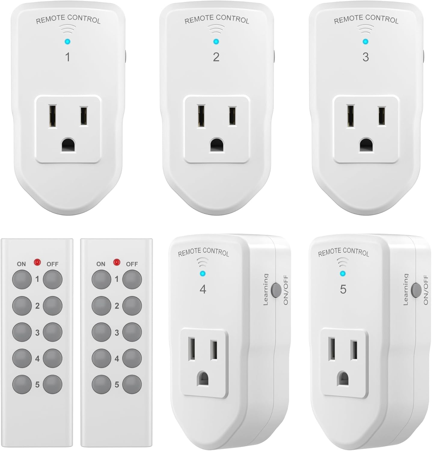 BN-LINK Wireless Remote Control Outlet Electrical Switch for Lights, Fans, Christmas Lights, Small Appliance, 100ft Long Range White (Learning Code, 5Rx-2Tx) 1200W/10A, ETL & FCC Certified