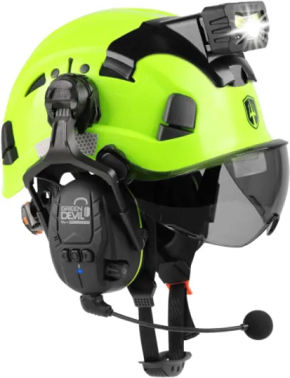 Hard Hat Safety Helmet with Visor Bluetooth Ear Muffs and Headlamp 5 in 1 Full Protection Vented Work Hardhat ANSI Z89.1 Cascos De Construccion for Industrial Construction Forestry Green with Bluetooth Earmuffs and Headlight