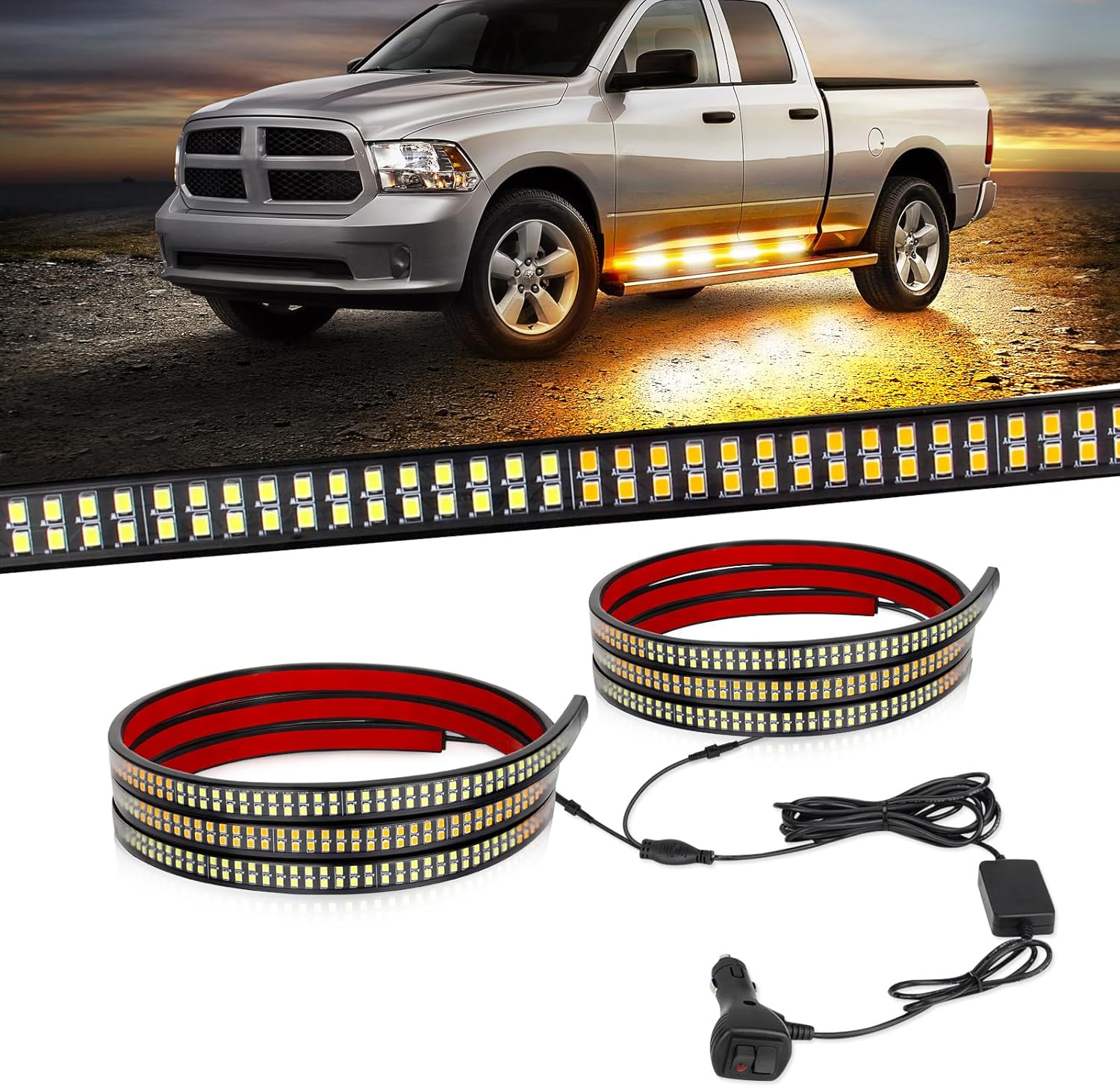 2PCS 70 inch Truck Running Board Strobe Lights Strip, Amber White 1152 LED Emergency Truck Strobe Lights Flashing Warning Hazard Safety Light for Pickup Plow Trucks Construction Vehicles