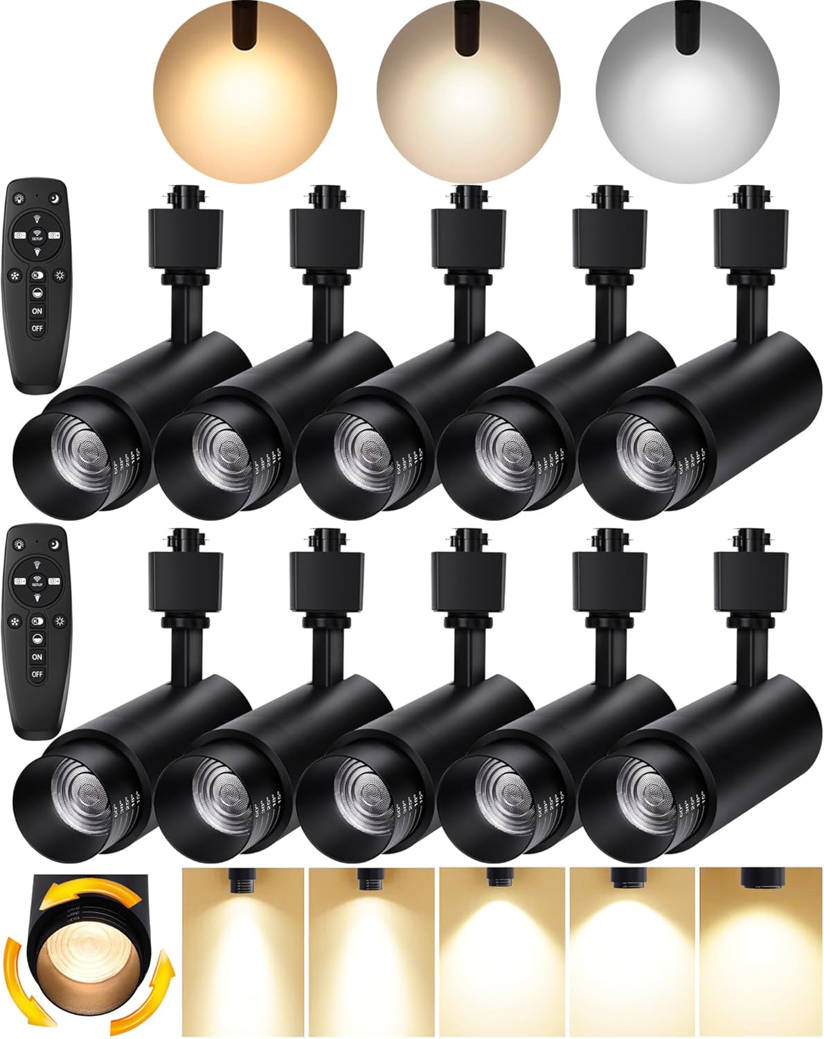 Zoomable LED Track Lighting Heads,2700K-6500K Stepless Dimming H Type Dimmable Rail Ceiling Track Lights Fixtures for Kitchen,Flicker Free 15° to 60° CRI90 12W 1200LM,Black 10 Pack